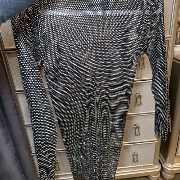 Black Crystal Mesh Rhinestone Dress – Long Sleeve Sparkle Party Dress - Picture 3 of 4